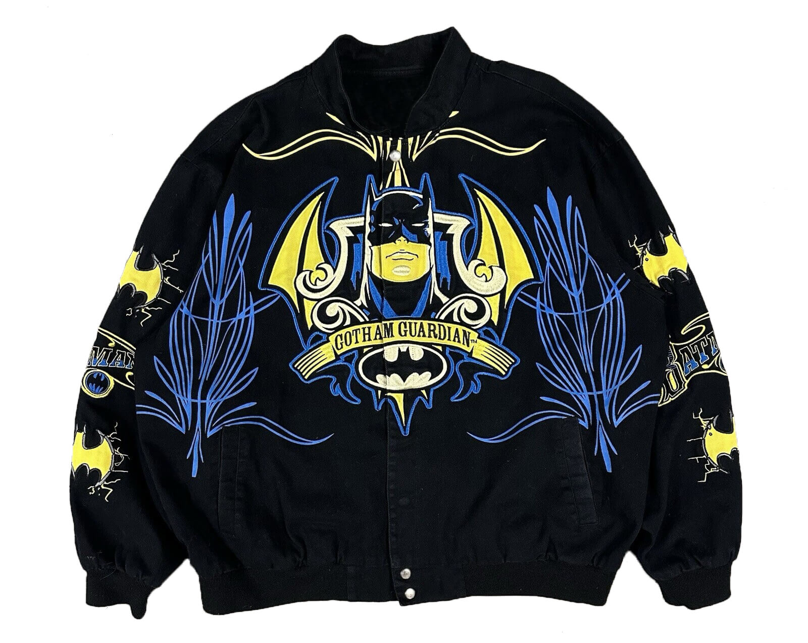 Vintage-Batman-Gotham-Guardian-Black-Bomber-Jacket-1 Vintage Batman Gotham Guardian black bomber jacket front view with Gotham Guardian spell logo and snap closure