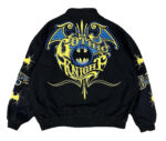 Vintage Batman Gotham Guardian black bomber jacket back view featuring Gothic Knight spell and Batman logo
