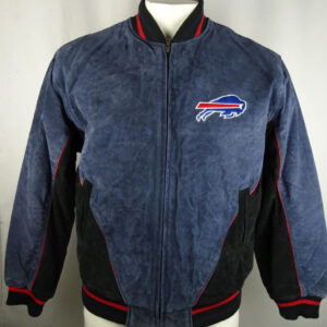 Front view of vintage Buffalo Bills suede leather full zip jacket in navy blue and black with team logo, ribbed collar cuffs and waistband.
