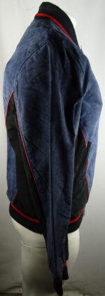 Right Side view of Buffalo Bills suede varsity jacket showing blue and black panels with red piping and rib-knit trim.