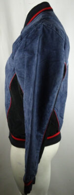 Left side angle of vintage Buffalo Bills suede leather jacket highlighting logo, colorblock design and sporty ribbed details.