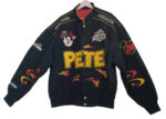 “Front view of Vintage Daytona Disney Pete 2004 black bomber jacket with PETE lettering and chest patches”