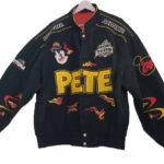 “Front view of Vintage Daytona Disney Pete 2004 black bomber jacket with PETE lettering and chest patches”
