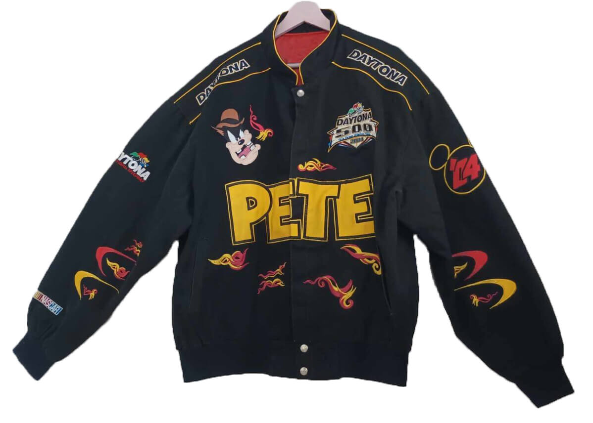 Vintage-Daytona-Disney-Pete-2004-Black-Bomber-Jacket-1 “Front view of Vintage Daytona Disney Pete 2004 black bomber jacket with PETE lettering and chest patches”