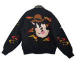 “Back of black and yellow Daytona Disney Pete bomber jacket featuring large Pete face patch”