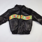 Front view of vintage Disney's Friends black leather bomber jacket with colorful appliue letters