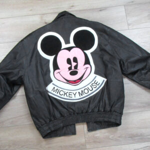 Disney Mickey Mouse leather jacket with large pink and black Mickey Mouse face patch and “Mickey Mouse” text on back
