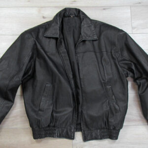 Disney Mickey Mouse leather jacket with shirt-style collar, YKK zipper closure, side waist pockets, and elastic waistband