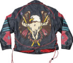 Vintage Eagle Ira Hoss biker style black leather jacket front view with notch lapel collar, YKK zipper closure, zipper cuffs, and waist zipper pockets