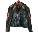 "Vintage Eagle Spirit Freedom black leather biker jacket with notch lapel, asymmetrical YKK zipper, and multiple zipper pockets."