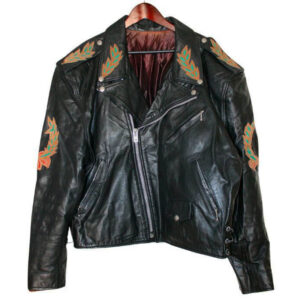 "Vintage Eagle Spirit Freedom black leather biker jacket with notch lapel, asymmetrical YKK zipper, and multiple zipper pockets."