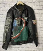 “Front view of Vintage Golf Full Leather Limited Edition Jeff Hamilton Jacket in black with shirt collar, YKK zipper, and waist pockets”