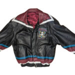 Vintage Anaheim Ducks Inaugural Season Leather Jacket front view with Mighty Ducks logo patch and 1993-1994 spell