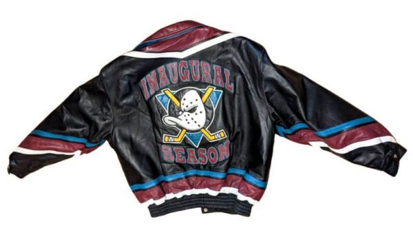 Vintage Anaheim Ducks Inaugural Season Leather Jacket back view with INAUGURAL SEASON spell and team logo