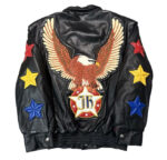 Vintage Jeff Hamilton Eagle Star Black Leather Jacket back view featuring large Eagle JH Star Circle patch and star applique sleeve details.