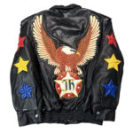 Vintage Jeff Hamilton Eagle Star Black Leather Jacket back view featuring large Eagle JH Star Circle patch and star applique sleeve details.
