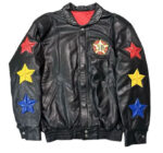 Vintage Jeff Hamilton Eagle Star Black Leather Jacket front view with JH Star Circle patch on chest, snap closure, and star sleeve appliques.