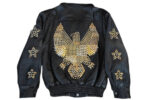 "Vintage Jeff Hamilton Golden Eagle Studded Black Leather Bomber Jacket with large gold eagle studded design on back and star studded sleeves."