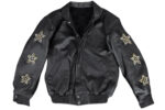 "Vintage Jeff Hamilton Golden Eagle Studded Black Leather Bomber Jacket front view with star studded sleeve patches and snap button closure."