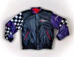 Front View Of Team Baja leather jacket with stand-up collar, snap closure, and TEAM Baja logo on chest.