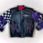 Front View Of Team Baja leather jacket with stand-up collar, snap closure, and TEAM Baja logo on chest.