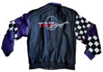 Back of Vintage Team Baja leather jacket featuring large TEAM Baja spell logo in bold colors.