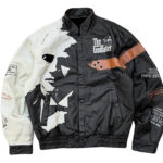 Vintage Jeff Hamilton The Godfather Leather Jacket front view – black, white, and brown leather bomber with “The Godfather” chest patch, stand-up collar, snap closure, and side waist pockets.