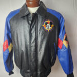 Vintage Mickey Mouse Disney leather jacket front view in black and blue with Mickey face chest patch and YKK zipper