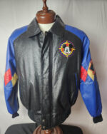 Vintage Mickey Mouse Disney leather jacket front view in black and blue with Mickey face chest patch and YKK zipper
