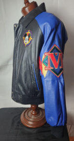 Disney vintage Mickey Mouse leather jacket left side with “M” spell patch on arm and ribbed cuffs