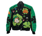 Vintage NASCAR Lucky Charms kids bomber jacket with embroidered Lucky the Leprechaun, four-leaf clovers, and cereal marshmallows on green and black fabric.