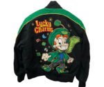 Back of vintage NASCAR Lucky Charms kids bomber jacket featuring large embroidered Lucky the Leprechaun, colorful marshmallow shapes, and bold Lucky Charms logo.