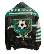 Vintage Saudi Arabia World Cup ’94 black leather jacket with green crest and stripes.