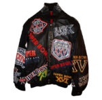 front of view of super bowl leather jacket featuring snap closure and snap cuffs.