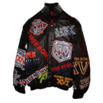 front of view of super bowl leather jacket featuring snap closure and snap cuffs.