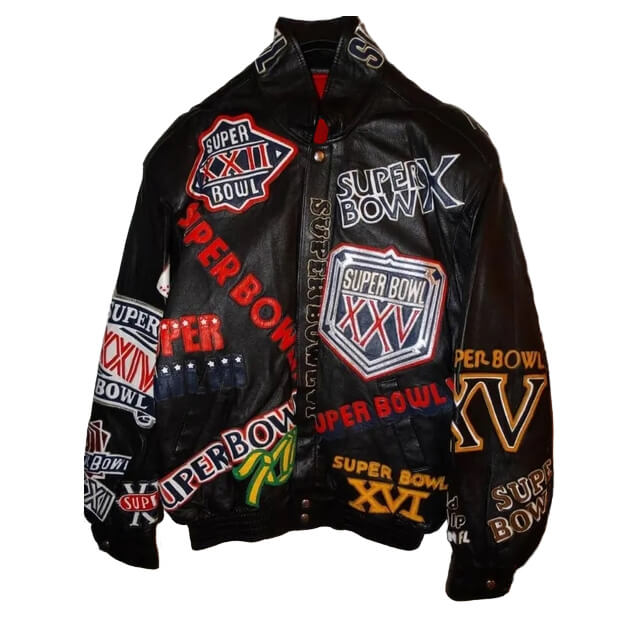 Vintage-Super-Bowl-Logos-Black-Leather-Jacket-1 front of view of super bowl leather jacket featuring snap closure and snap cuffs.