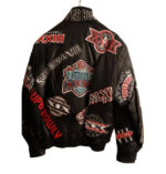 front of view of super bowl leather jacket featuring elastic hemline and leather applique patches.