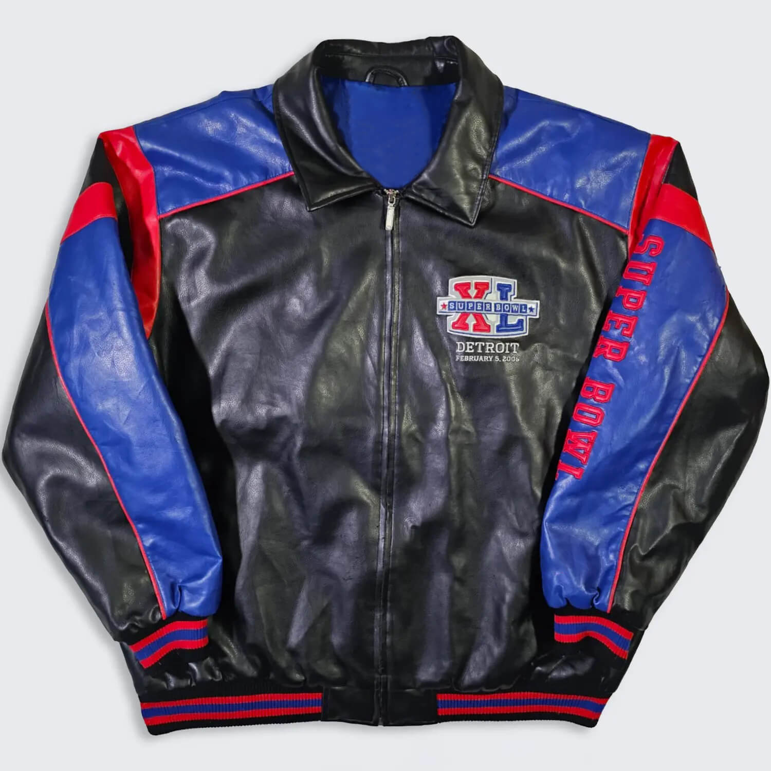 Vintage-Super-Bowl-XL-Leather-Jacket-1 "Vintage Super Bowl XL leather jacket front view in black, blue, and red with embroidered Detroit February 5, 2006 logo and Super Bowl text on sleeve"
