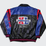 "Vintage Super Bowl XL leather jacket back view featuring large embroidered Super Bowl XL Detroit February 5, 2006 logo in black, blue, and red"