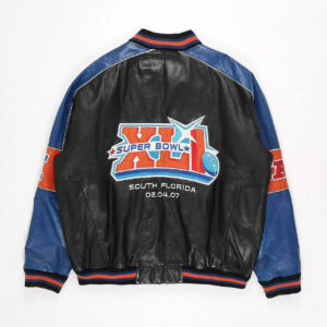 back view of super bowl xli leather jacket featuring big embroidered logo and rib knit waistband.