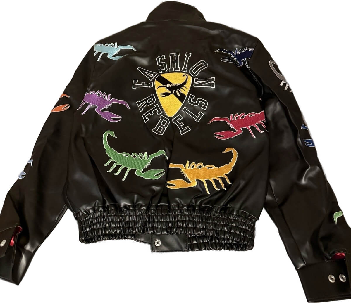 Vtg-Westside-Gunn-X-Fashion-Rebels-Black-Leather-Jacket-1 Back view of vintage Westside Gunn x Fashion Rebels black leather jacket featuring bold Fashion Rebels logo and branded graphics