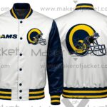 White Blue Los Angeles Rams Satin Jacket with team logos and snap-button closure.