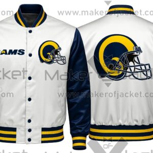 White Blue Los Angeles Rams Satin Jacket with team logos and snap-button closure.