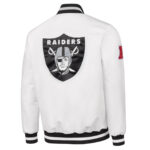 White Las Vegas Raiders satin jacket back view featuring bold RAIDERS logo across the back.