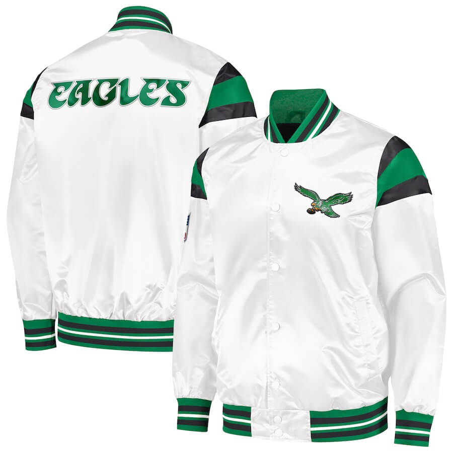 White-Philadelphia-Eagles-Full-Snap-Satin-Jacket-1 "White Philadelphia Eagles full-snap satin jacket with rib knitted collar, cuffs, waistband, front eagle logo, NFL patch on sleeve, and bold EAGLES lettering on back"