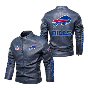Blue Buffalo Bills Motor Leather Jacket front and back view showing NFL logos, BILLS lettering on sleeves, and large team logo on back.