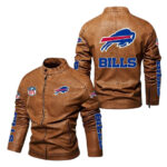 Brown Buffalo Bills Motor Leather Jacket front and back view showing NFL logos, BILLS lettering on sleeves, and large team logo on back.