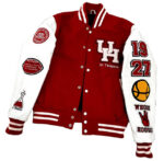 Houston Cougars True Well Ever Be Varsity Jacket front view with UH logo on left chest, red wool body, and white leather sleeves