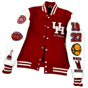 Houston Cougars True Well Ever Be Varsity Jacket front view with UH logo on left chest, red wool body, and white leather sleeves