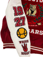 Houston Cougars varsity jacket left sleeve in white leather with rib-knit cuff and Chenille Logos.